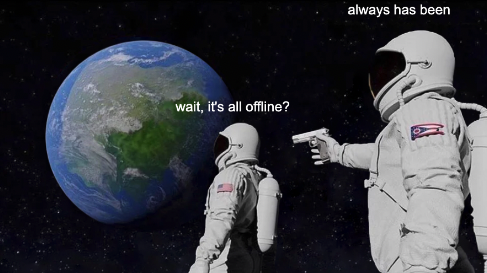 two astronauts in space, facing earth, one is hella sus